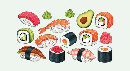 Variety of sushi and maki rolls. © Nabila