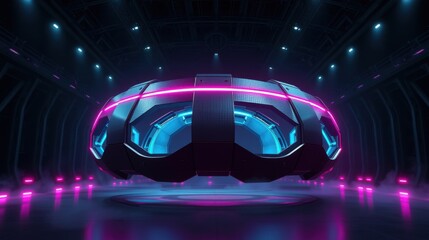 Fototapeta premium Futuristic pod floats within dark hangar. Blue, pink lights illuminate sleek design, creating dramatic scene. Minimalist, modern aesthetic.