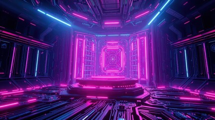 Fototapeta premium Futuristic interior. Neon lights illuminate geometric shapes, creating vibrant, immersive space. Dark background emphasizes glowing elements.