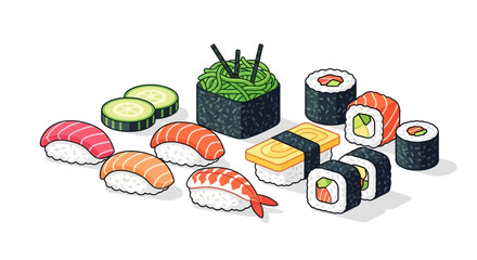 Variety of sushi and maki rolls. © Nabila