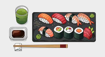 Variety of sushi on a plate. © Nabila