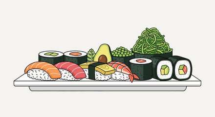 Variety of sushi on a plate. © Nabila