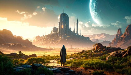Obraz premium A lone explorer gazes at a majestic alien city nestled in a desert landscape under a giant moon. This epic cinematic concept is perfect for scifi storytelling and futuristic designs.