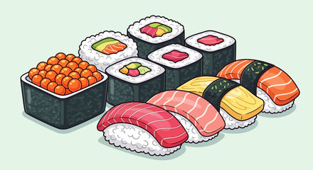 Variety of sushi and maki rolls. © Nabila