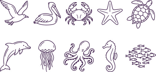 Collection of marine animals and sea life icons and borders for design and decoration. © Sadhin