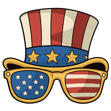 Patriotic Uncle Sam top hat with American flag sunglasses, Independence Day vector illustration