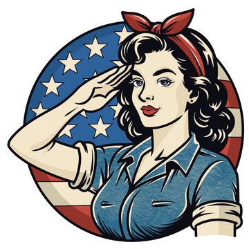 Retro patriotic woman saluting in front of American flag, vintage style vector illustration