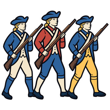 American Revolutionary War soldiers marching with muskets, historical patriotic vector illustration