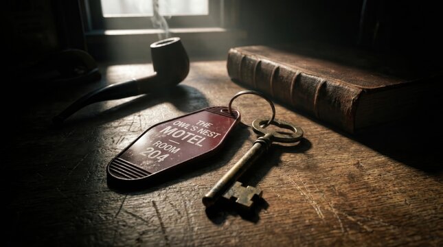 Metal key beside red plastic motel tag on dark wooden table, old leather book near smoking tobacco pipe, bright window light shining across rough grain surface, vintage travel room access accessory.