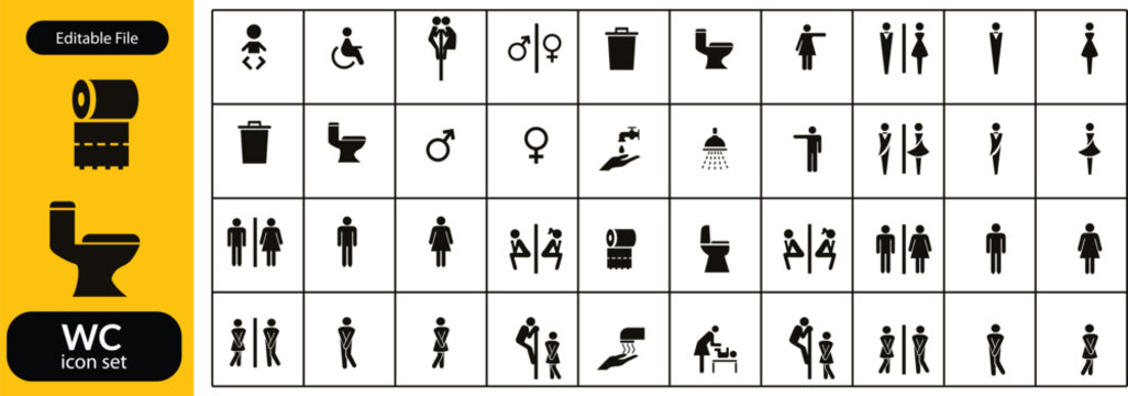 Toilet icon set. WC sign. Washroom, male, female, unisex accessible, baby changing table room, shower, handicap, No smoking symbol. Public bathroom pictogram. Transparent png and vector illustration