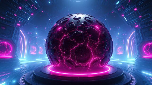Dark room features glowing sphere. Futuristic design with bright neon lights, complex geometry, dramatic illumination. Energy radiates from central object.