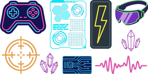 Futuristic Cyberpunk Gaming Vector Element Set Featuring Neon Gamepad Controller, VR Glasses Goggles, HUD Interface Screen, and Sci Fi Technology Icons © Borsha