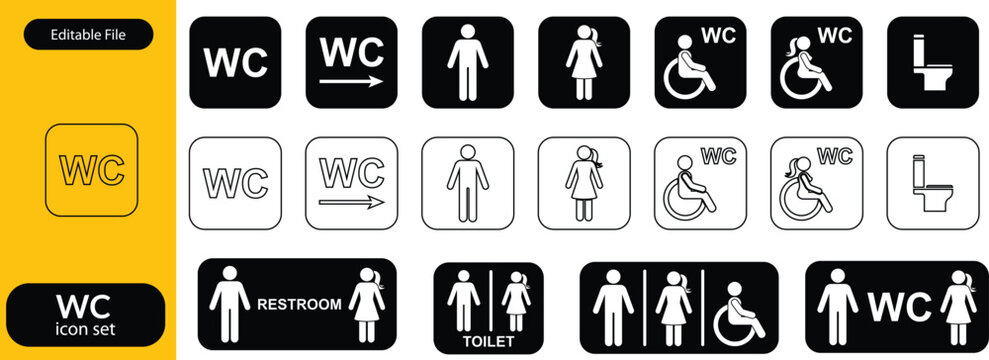 Toilet icon set. WC sign. Washroom, male, female, unisex accessible, baby changing table room, shower, handicap, No smoking symbol. Public bathroom pictogram. Transparent png and vector illustration