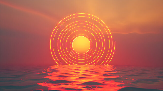 Abstract orange glowing circles on ocean surface, digital background for business and technology.