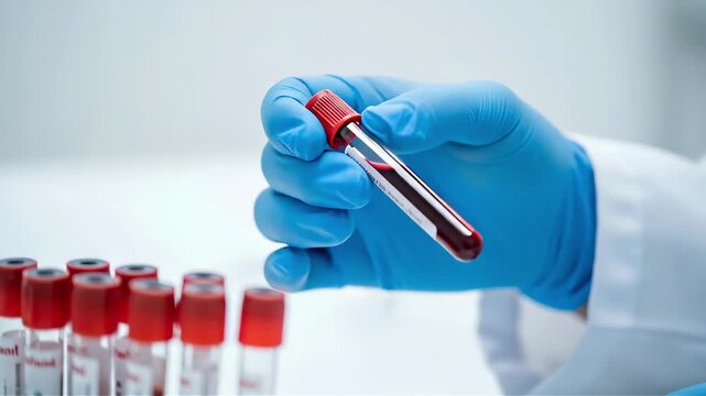 Scientist holding a glass test tube with blood sample for clinical analysis. Lab technician performing hematology research in medical laboratory for diagnosis.