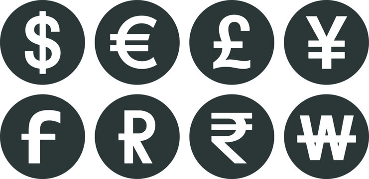 Global Currency Symbol Vector Icon Set Featuring Dollar Euro Pound Yen Franc Ruble Rupee and Won Monochromatic Round Money Badges for Finance Designs