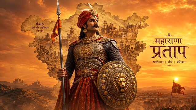 Maharana Pratap Holding Spear and Shield in Sunset Battlefield Showing Rajput Warrior Bravery Indian Heritage Rajasthan Pride and Historical Legacy