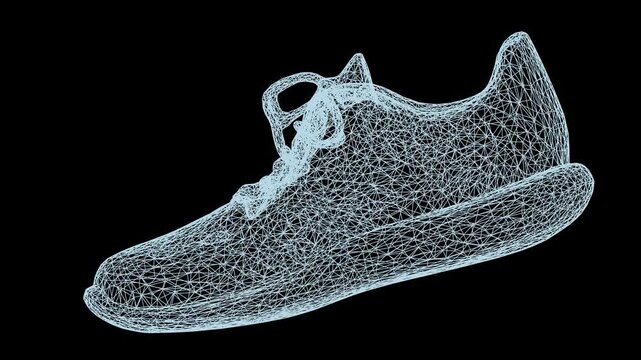 Wireframe shoe sneaker 3d model digital design transparent background technology footwear concept ideal for fashion tech, product visualization, design innovation, and virtual reality applications.