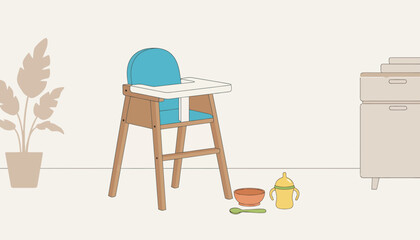 Fototapeta premium Baby high chair, nursery room, wooden feeding chair, blue accents, vector illustration