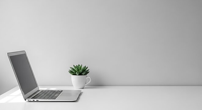 Laptop computer sits next to a small potted succulent on a clean white desk with soft natural light and ample copy space. Ideal for remote work blogs and corporate website headers.