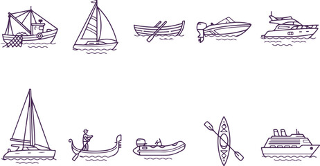 Various types of boats depicted in a simple line art style for nautical or travel themes. © Sadhin