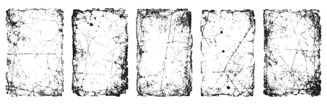 Set of five grunge distressed rectangular frames with rough edges and scratch textures isolated on white background