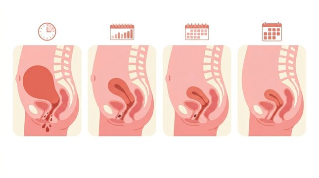 The stages of involution after birth, depicting key changes in the body post-pregnancy with simple illustrations for clarity.