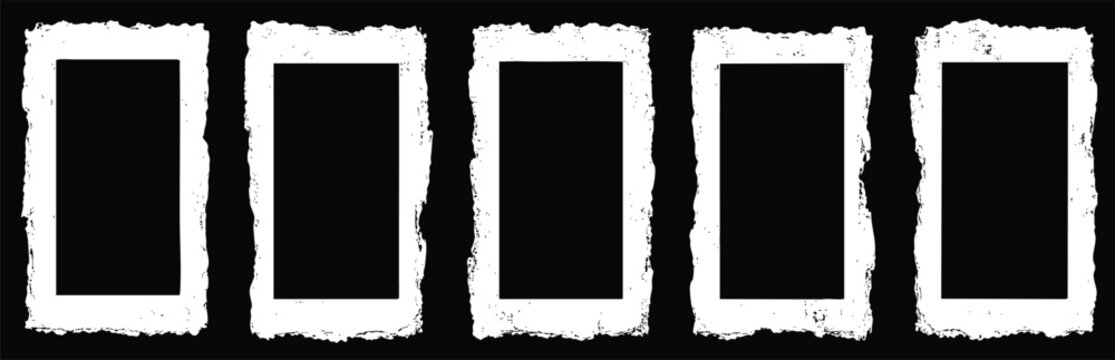 Set of five grunge rectangular frames with rough torn edges, distressed white borders on black background