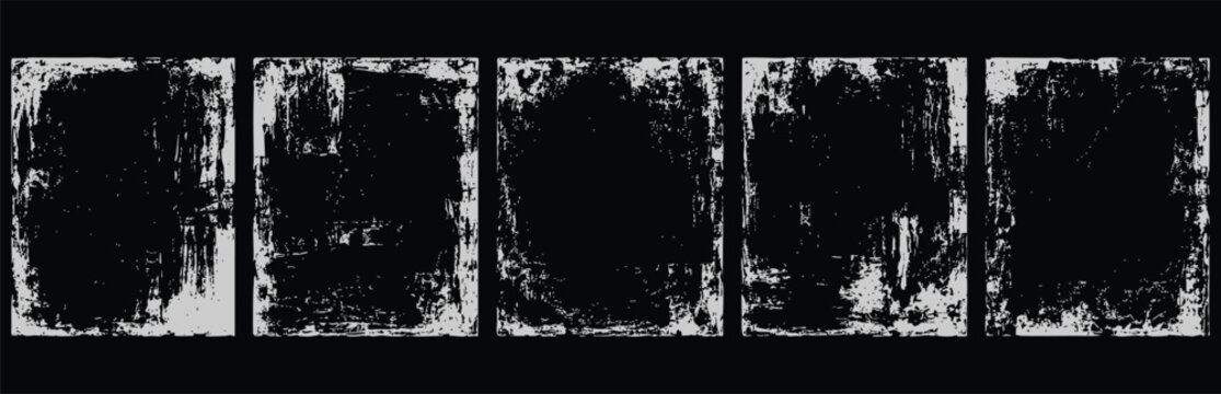 Set of five grunge distressed texture frames, rectangular borders for design elements