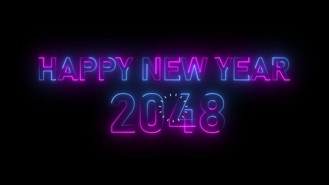 Glowing futuristic happy new year 2048 celebration text with sparkling stars and cosmic