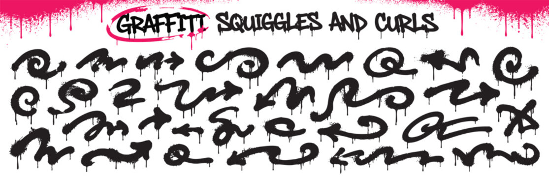Set of graffiti squiggles and curls, hand drawn spray paint elements isolated on white background