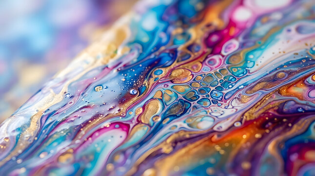 Abstract fluid art with vibrant colors merging in dynamic swirling patterns on glossy surface