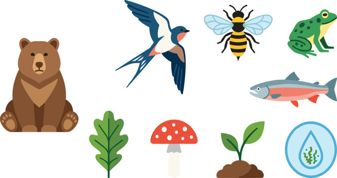 Nature and Wildlife Vector Icon Set Featuring Bear, Bird, Bee, Frog, Fish, Mushroom, Leaves, and Eco Environment Symbols