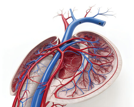 Anatomical illustration of human lungs with blood vessels and bronchus