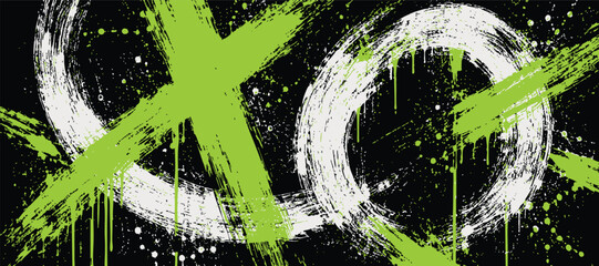 Abstract graffiti background with bright green paint splashes and white brush strokes on black surface © Zbrake Studio