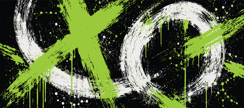 Abstract graffiti background with bright green paint splashes and white brush strokes on black surface
