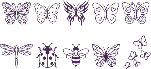 Diverse collection of purple butterflies, dragonfly, ladybug and bee line art designs. © Sadhin