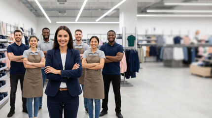 Fototapeta premium Diverse retail team standing in modern store with confident female manager in foreground, cashiers, sales associates and customer service staff, shopping environment professional retail group portrait