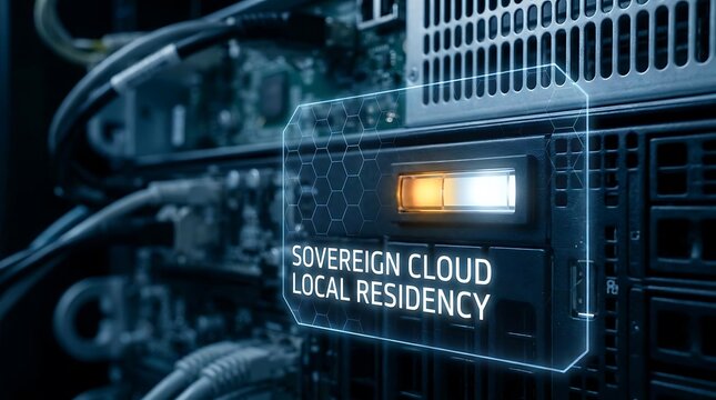 A close-up view of a server with a label reading sovereign cloud local residency