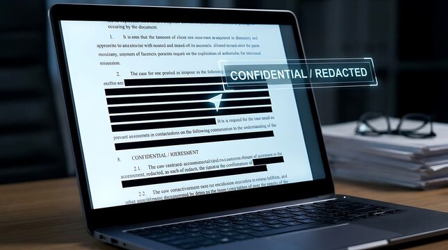 A laptop screen displays a confidential document with redacted information on a desk indoors.