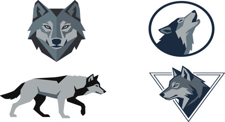 Fototapeta premium Wolf Head and Howling Logo Collection Featuring Geometric Wild Animal Emblems for Mascot Branding Tattoo Vector Illustration and Modern Design Projects