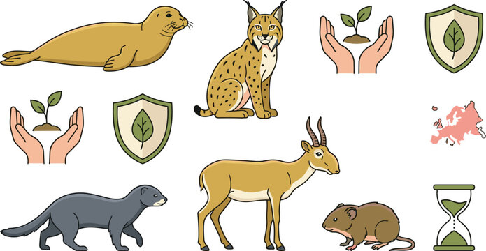 Wildlife Conservation Vector Icon Set Featuring Lynx, Seal, Mink, Antelope, Eco Protection Symbols, and Endangered Animal Illustrations