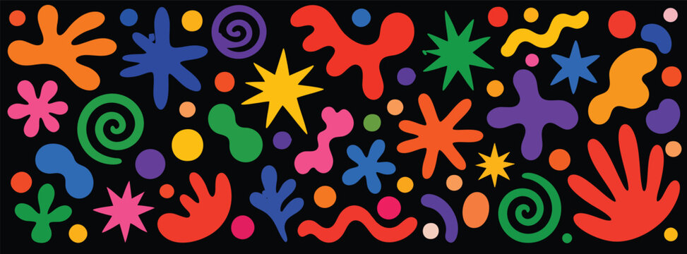 Abstract memphis style pattern with colorful organic shapes, handdrawn blobs, stars, and swirls on a black background