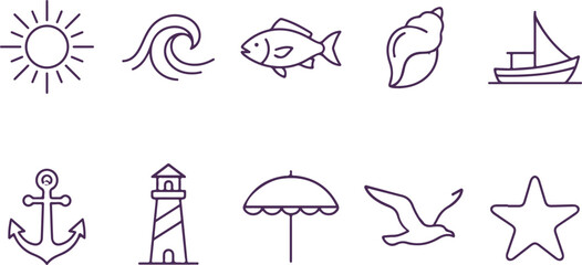 Coastal and ocean themed line art icons and symbols for summer vacation travel vector set. © Sadhin