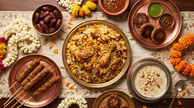 A delicious spread of indian cuisine with various dishes and flowers on a table