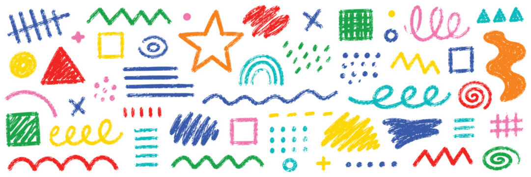 Set of hand drawn colorful doodles, shapes and elements isolated on white background crayon or chalk style playful scribbles, lines, and patterns