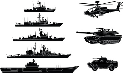 Military Vehicle Silhouette Collection Featuring Warships Helicopter Tank Armored Carrier and Aircraft Carrier Vector Set © MdMojibar