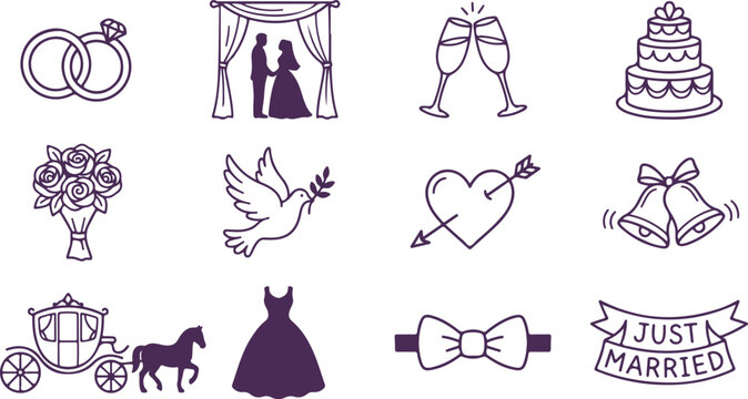 Purple wedding icons and symbols on transparent background for invitations and decor.