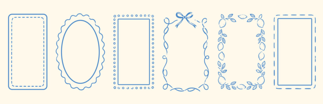 Set of handdrawn doodle frames, rectangular and oval borders with decorative elements like bows, leaves, lemons, dots, and dashed lines for design