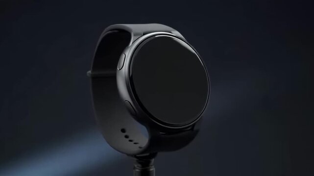 Sleek smartwatch rotating showcase with reflective design in minimalist studio lighting